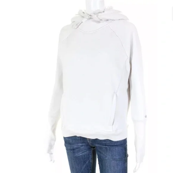 Alo Knit Fleece Lined Long Sleeve Hoodie Sweatshirt White Small off white - Picture 4 of 8